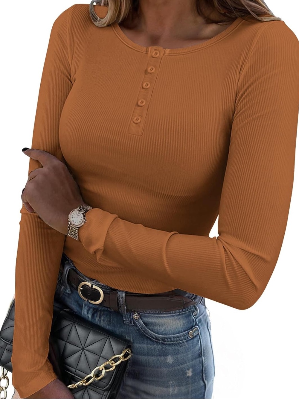 Ribbed Henley Long-Sleeve Top in Khaki